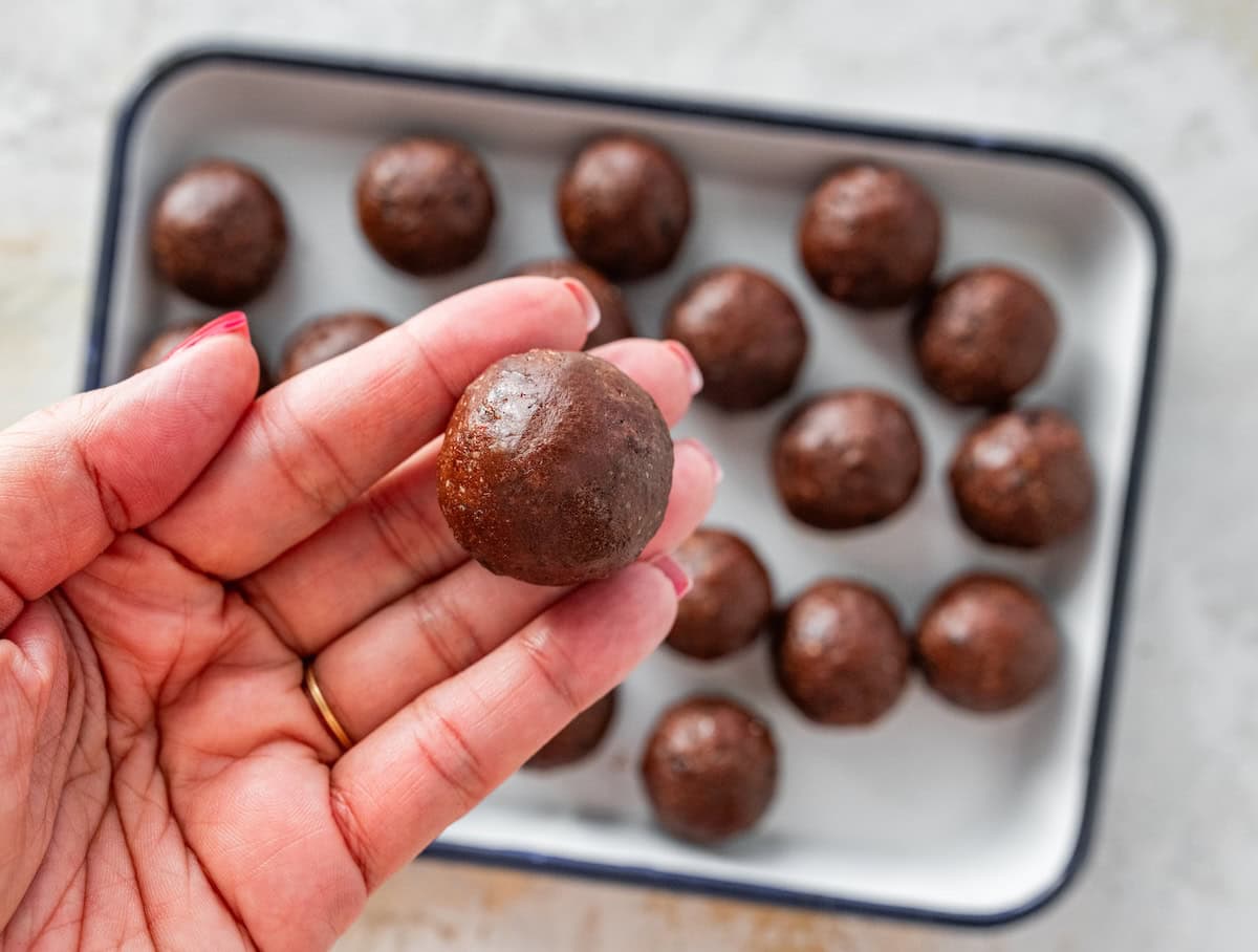 rolled chocolate protein ball Hand holding a rolled chocolate protein ball over a tray of shaped balls.