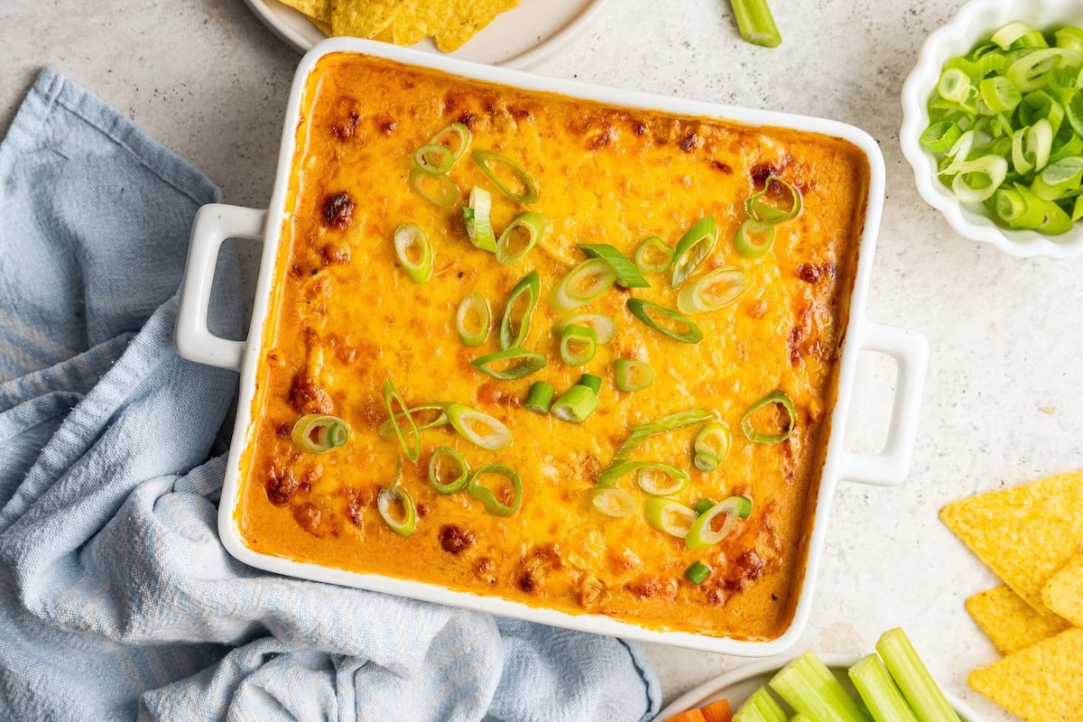 Healthy buffalo chicken dip in a baking dish.