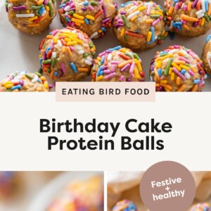 Photo 1: Tray of birthday cake protein balls coated in colorful rainbow sprinkles. Photo 2: Hand holding a bitten birthday cake protein ball showing the soft, sprinkle-filled center. Photo 3: Bowl of birthday cake protein balls topped with rainbow sprinkles on a light surface.