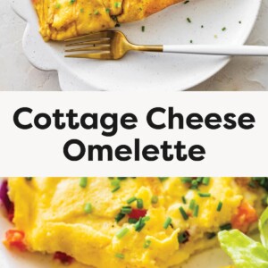 Cottage cheese omelette folded on a white plate, topped with chopped chives. Close-up of a fluffy cottage cheese omelette with red peppers and onions, partially cut with a fork.