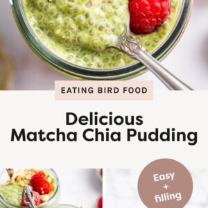 Photo 1: Top-down view of matcha chia pudding in a jar topped with strawberries, raspberries, and granola with a spoon. Photo 2: Two jars of matcha chia pudding topped with raspberries, strawberries, and granola. Photo 3: Three jars of matcha chia pudding on a white surface with fresh strawberries nearby.