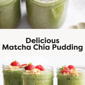 Photo 1: Close-up of matcha chia pudding jars topped with raspberries, strawberries, and granola. Photo 2: Three jars of green matcha chia pudding on a white background. Photo 3: Matcha chia pudding jars with fresh strawberries and raspberries around them.