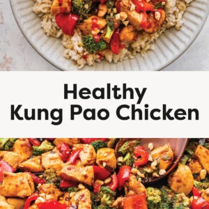 Top photo: Bowl of kung pao chicken with broccoli, red peppers, and peanuts over brown rice Bottom photo: Skillet of kung pao chicken with broccoli, red peppers, and peanuts