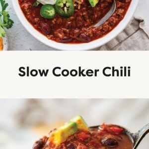 Photo 1: Bowl of slow cooker chili topped with sour cream, jalapeños, avocado, and shredded cheese. Photo 2: Spoonful of thick chili with beans, ground beef, tomatoes, and avocado above the bowl.