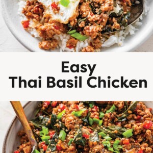 Photo 1: Thai basil chicken over white rice topped with a crispy fried egg and green onions. Photo 2: Close-up of Thai basil chicken with minced chicken, basil leaves, chilies, and sesame seeds in a bowl.