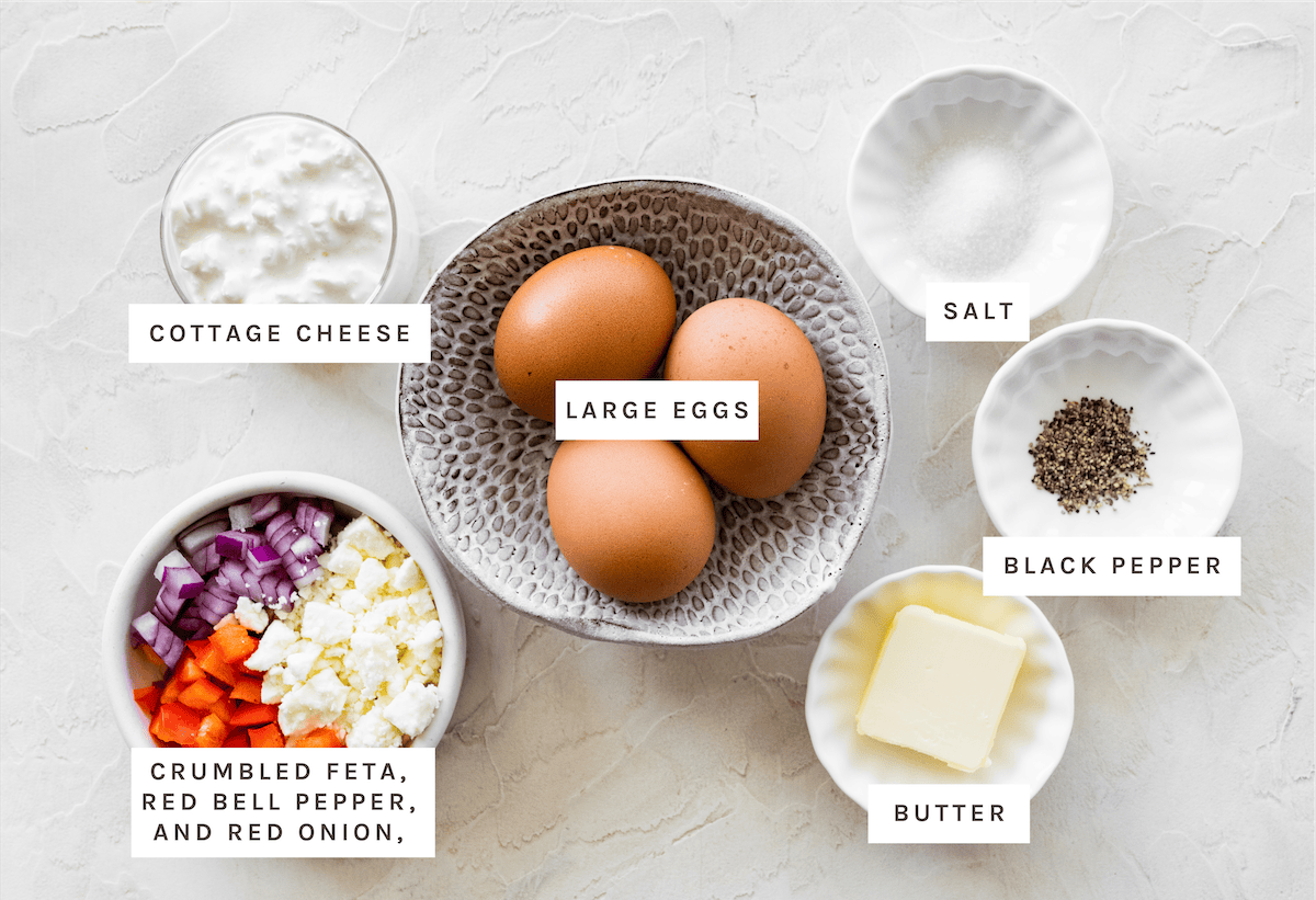 Cottage Cheese Omelette ingredients Cottage cheese, large eggs, crumbled feta, red bell pepper, red onion, salt, black pepper, butter