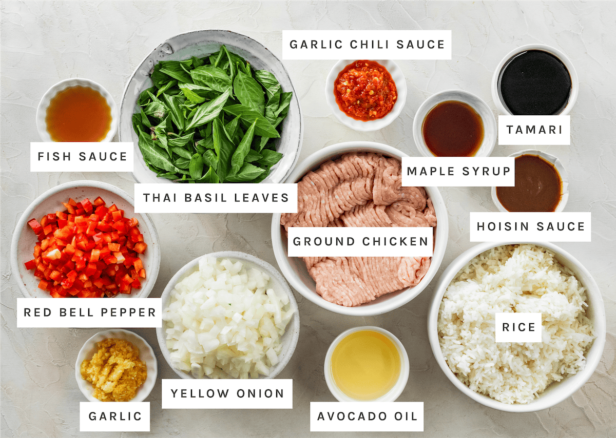 Thai Basil Chicken ingredients Ground chicken, Thai basil leaves, Red bell pepper, Yellow onion, Garlic, Fish sauce, Garlic chili sauce, Tamari, Maple syrup, Hoisin sauce, Avocado oil and Rice