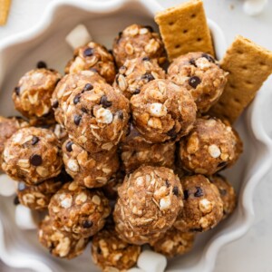 No-bake s’mores protein balls served on a decorative white plate alongside graham crackers and mini marshmallows.