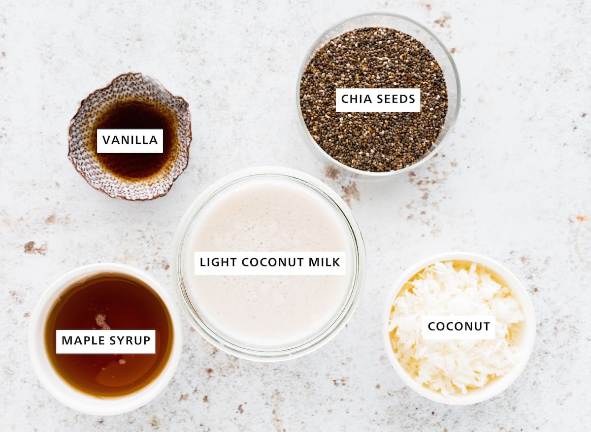 Ingredients measured out to make Coconut Chia Pudding: chia seeds, coconut, canned light coconut milk, vanilla and maple syrup.