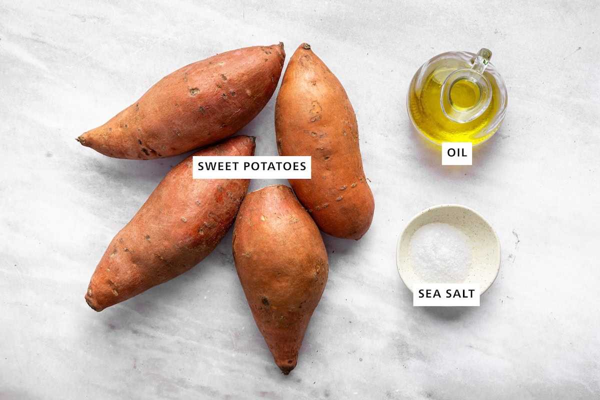 Ingredients for sweet potato halves: sweet potatoes, sea salt and oil.