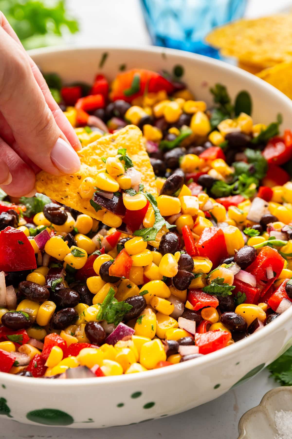 A womans hand dips a tortilla chip into a large bowl of black bean and corn salad.