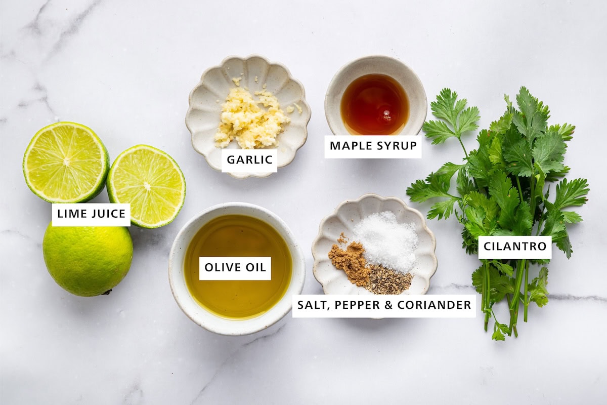 Ingredients measured out for a cilantro lime dressing: garlic, maple syrup, cilantro, salt, pepper, coriander, olive oil, and lime juice.