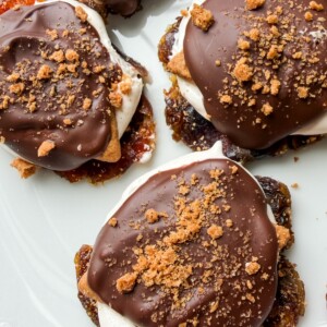 Smashed date s'mores on a white plate topped with melted chocolate and crushed graham crackers.